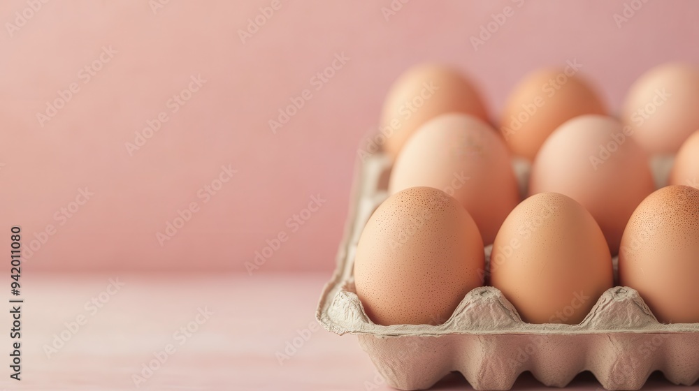 An orderly arrangement of nine fresh, brown eggs packed neatly in a carton tray. The image is set against a soothing light pink background, ideal for culinary presentations. An orderly arrangement of nine fresh, brown eggs packed neatly in a carton tray. The image is set against a soothing light pink background, ideal for culinary presentations.