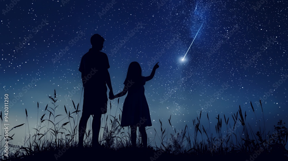 A silhouette of a child and an adult gazing at a shooting star in a starry night sky. A silhouette of a child and an adult gazing at a shooting star in a starry night sky.