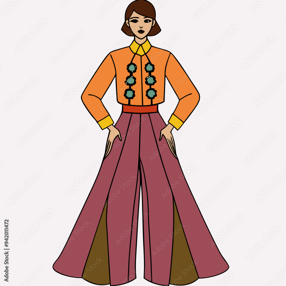 Wide Blouse with Long Trousers Embroidered Luxury Set on White Background Wide Blouse with Long Trousers Embroidered Luxury Set on White Background