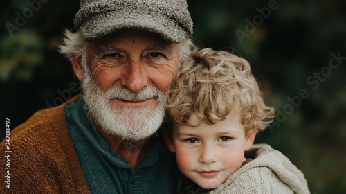 An elderly man with a white beard and cap embraces his young grandson warmly, both smiling softly, set against a lush, green background, capturing familial love.