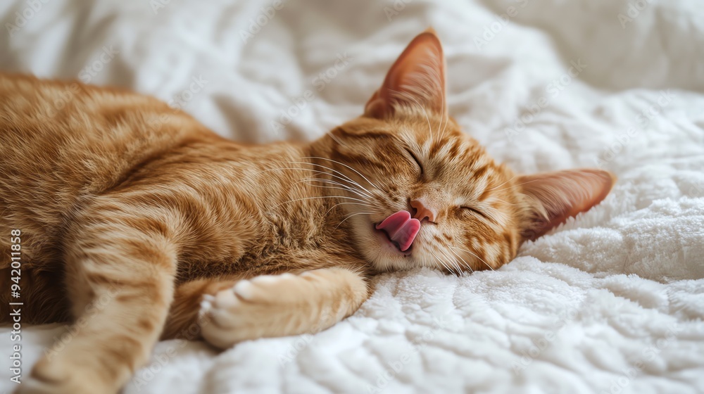Cute ginger cat sleeping with tongue out, funny and adorable. Total exhausted. Cute ginger cat sleeping with tongue out, funny and adorable. Total exhausted.