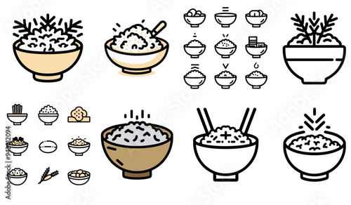 Oriental food bowl set, bowl of rice icon set in vector format very easy to edit,