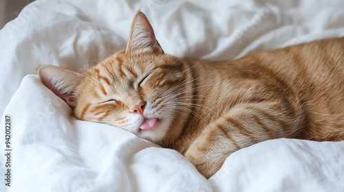 Cute ginger cat sleeping with tongue out, funny and adorable. Total exhausted.