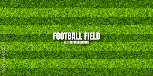 Soccer playing field with green grass. Football pitch background with stripes. Sports ground, stadium with fake or natural grass. Vector illustration