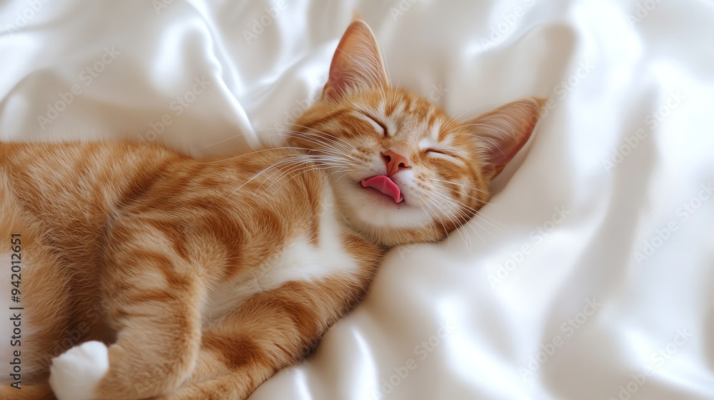 Cute ginger cat sleeping with tongue out, funny and adorable. Total exhausted. Cute ginger cat sleeping with tongue out, funny and adorable. Total exhausted.