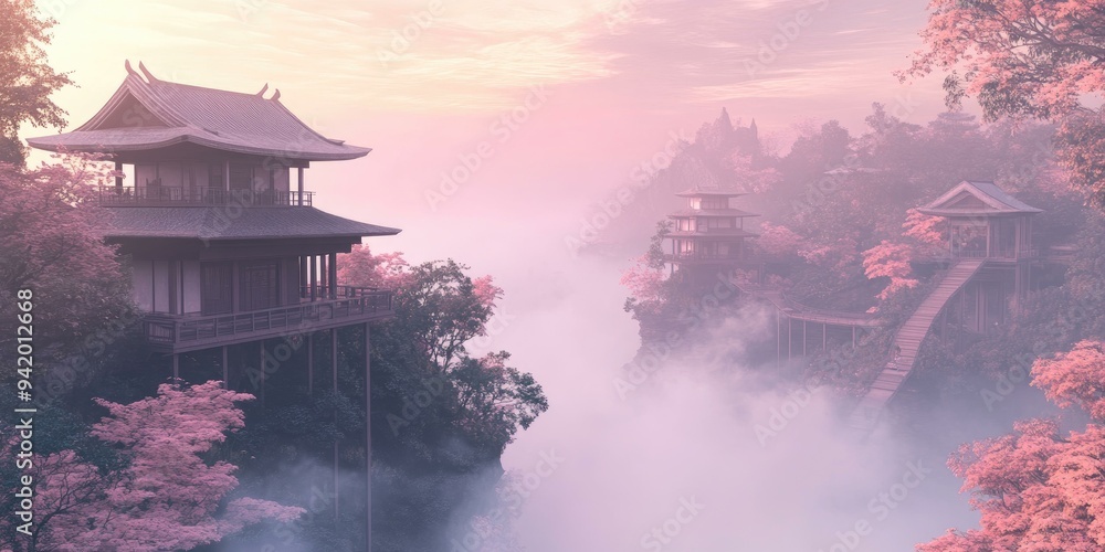 Misty mountaintop temples with pink foliage. Misty mountaintop temples with pink foliage.