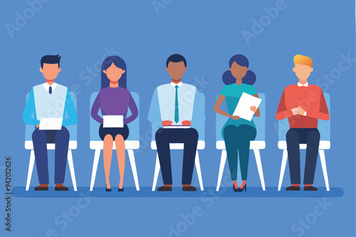 five candidates for new job sit on chairs in row with their documents on blue background, job interview