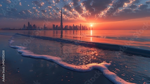 Vivid Sunset over Dubai's Beaches with Iconic Skyline Reflected in Tranquil Waters Captured with Nikon Camera During Golden Hour