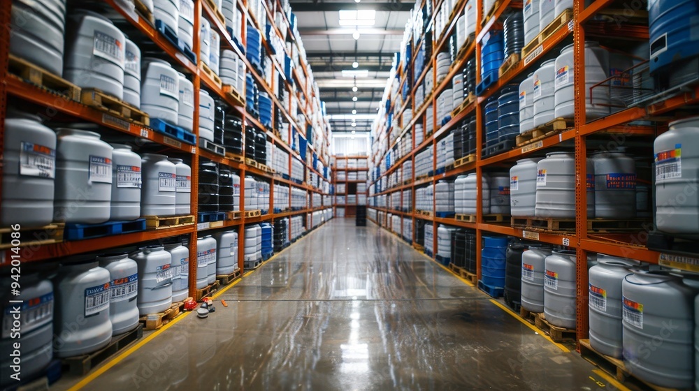 Industrial Warehouse Filled with IBC Tanks, Captured in a Wide-Angle Shot to Highlight the Expansive Storage Space and Organization Industrial Warehouse Filled with IBC Tanks, Captured in a Wide-Angle Shot to Highlight the Expansive Storage Space and Organization
