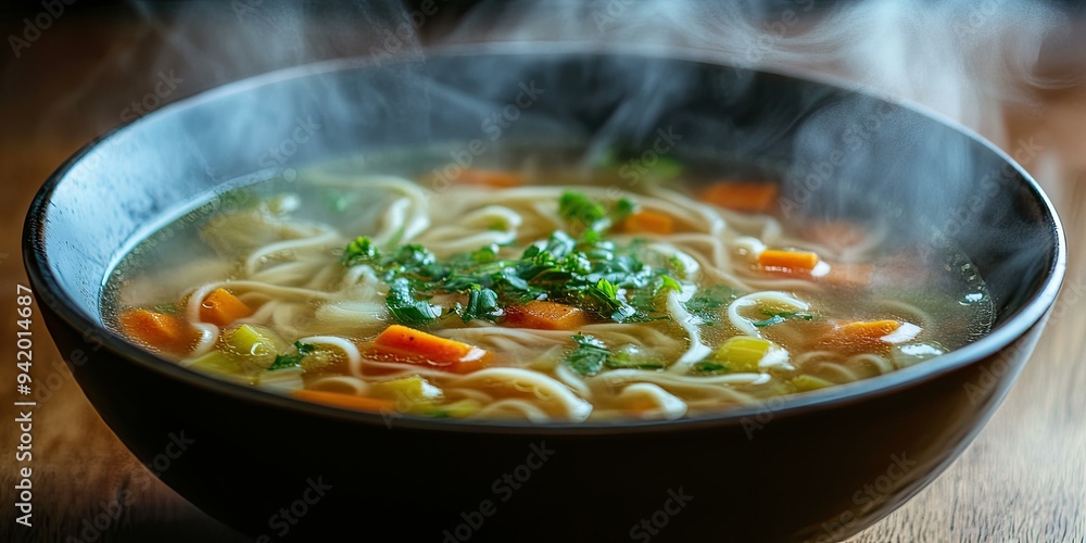 Steaming bowl of noodle soup with vegetables. Steaming bowl of noodle soup with vegetables.