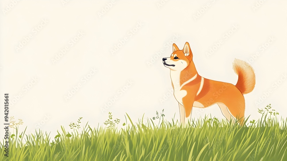 A proud and confident Shiba Inu dog standing tall on a tranquil grassy hill with ample copy space in the background for text or design overlay A proud and confident Shiba Inu dog standing tall on a tranquil grassy hill with ample copy space in the background for text or design overlay