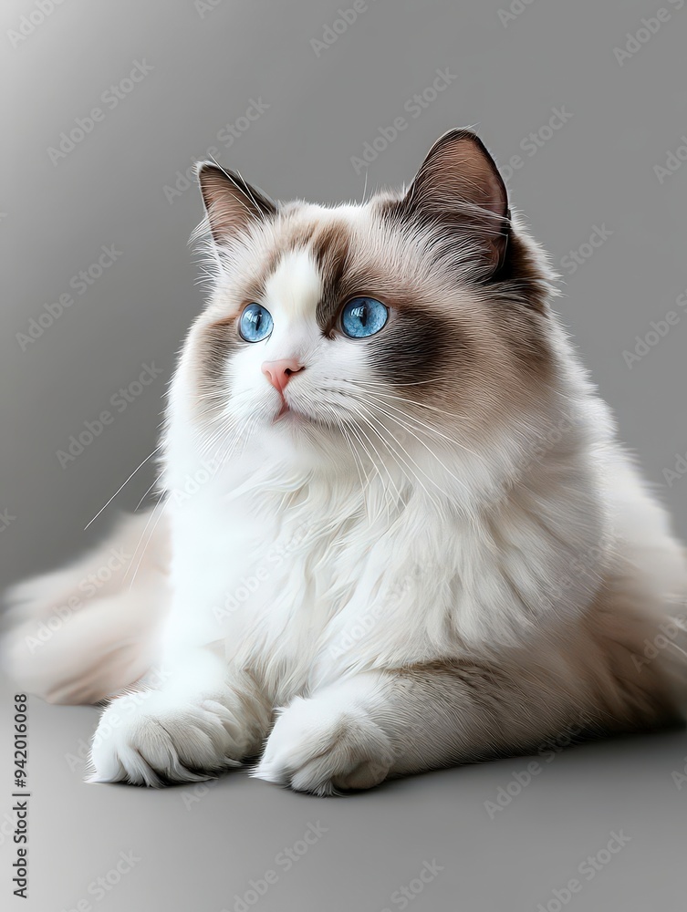 A fluffy cat with striking blue eyes resting gracefully. A fluffy cat with striking blue eyes resting gracefully.