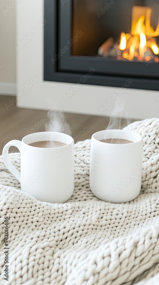 Two steaming mugs of coffee sit atop plush blankets, accompanied by the warmth of a crackling fireplace, inviting a sense of comfort and tranquility Two steaming mugs of coffee sit atop plush blankets, accompanied by the warmth of a crackling fireplace, inviting a sense of comfort and tranquility