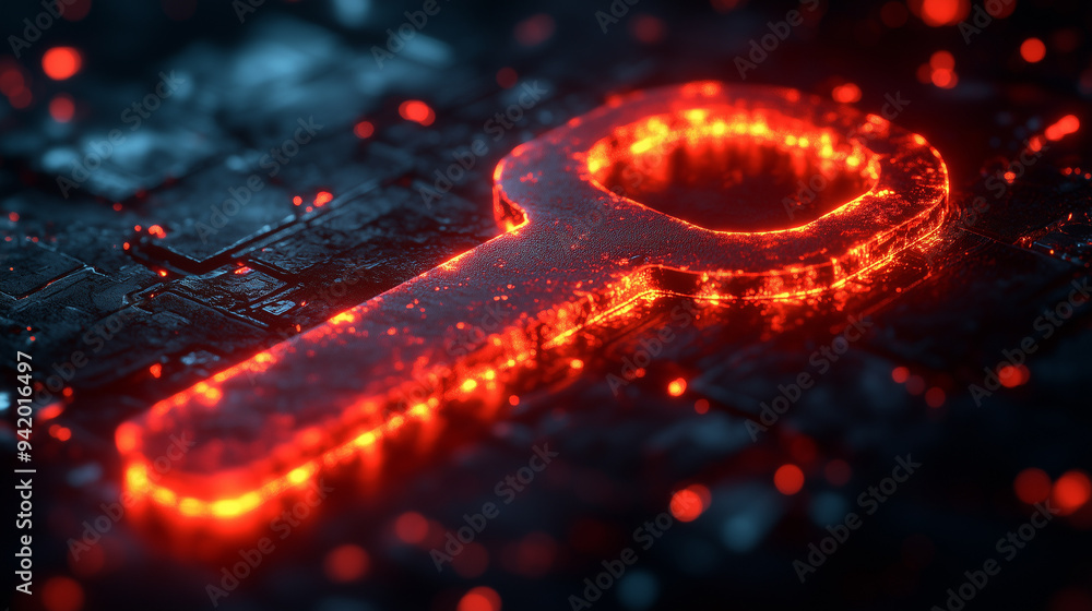 A digital key turning red as it unlocks unauthorized access to a system. A digital key turning red as it unlocks unauthorized access to a system.