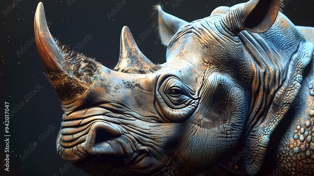 Illustrate a detailed rhinocerosa??s head, highlighting its tough, textured skin and prominent horn. generative ai Illustrate a detailed rhinocerosa??s head, highlighting its tough, textured skin and prominent horn. generative ai