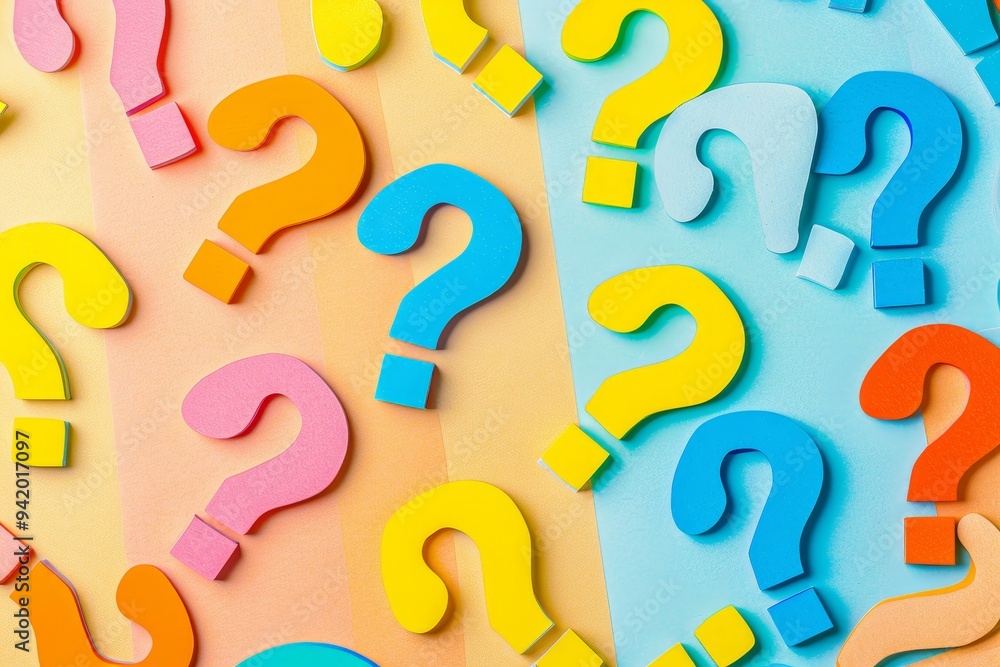 Vibrant colored background featuring bold question marks, rendered in a raw, minimalistic style, creating a visually striking and thought-provoking image that invites curiosity and exploration. Vibrant colored background featuring bold question marks, rendered in a raw, minimalistic style, creating a visually striking and thought-provoking image that invites curiosity and exploration.