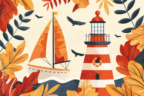 Leafy lighthouse with a large sailing boat in the background, set in a warm and whimsical atmosphere, blending natural elements with nautical themes in a charming and picturesque coastal scene. photo