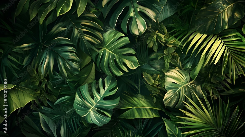 A lush background featuring detailed tropical leaves and foliage, perfect for summer-themed designs, travel ads, and nature-oriented projects. A lush background featuring detailed tropical leaves and foliage, perfect for summer-themed designs, travel ads, and nature-oriented projects.