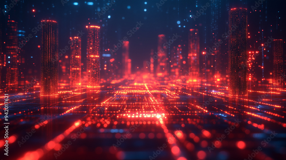 Obraz premium A digital fortress with red lines of code penetrating its defenses.