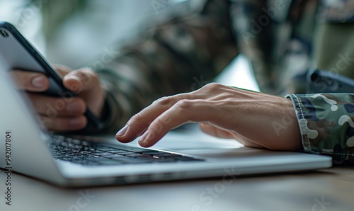 A person in military uniform typing on a laptop computer. AI.