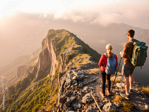 Group of friend hiking climbing silhouette, enjoying the view at mountain peak with a beautiful sunset in the background. Outdoor reactional activity peaceful nature. Adventure landscape. AI generated photo