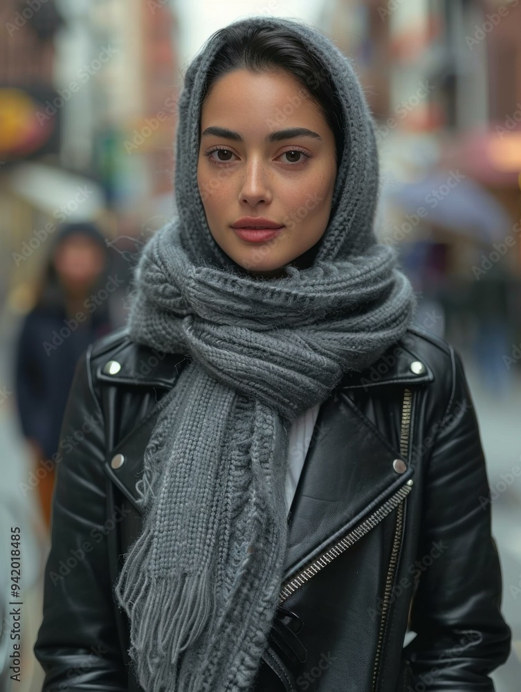 A woman in a black leather jacket and scarf standing on the street. AI. A woman in a black leather jacket and scarf standing on the street. AI.