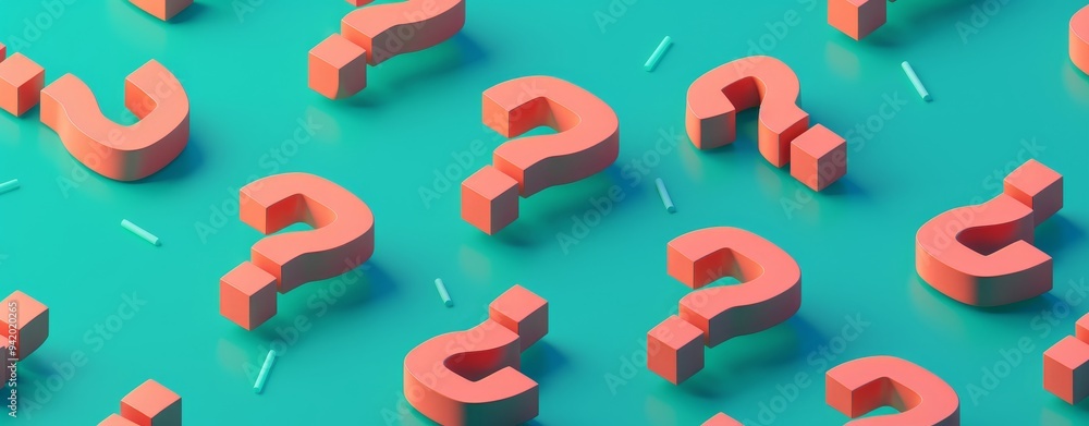 Minimalist 3D Isometric Illustration of Orange Question Marks on a Teal Background, Featuring Simple Geometric Design and Clean Visuals Minimalist 3D Isometric Illustration of Orange Question Marks on a Teal Background, Featuring Simple Geometric Design and Clean Visuals
