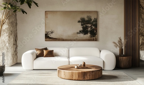 White couch in a Japandi Minimalist living room  abstract minimalism  sleek round forms  stone and wood textures  Japanese style painting  centered shot  wooden decorative elements  serene