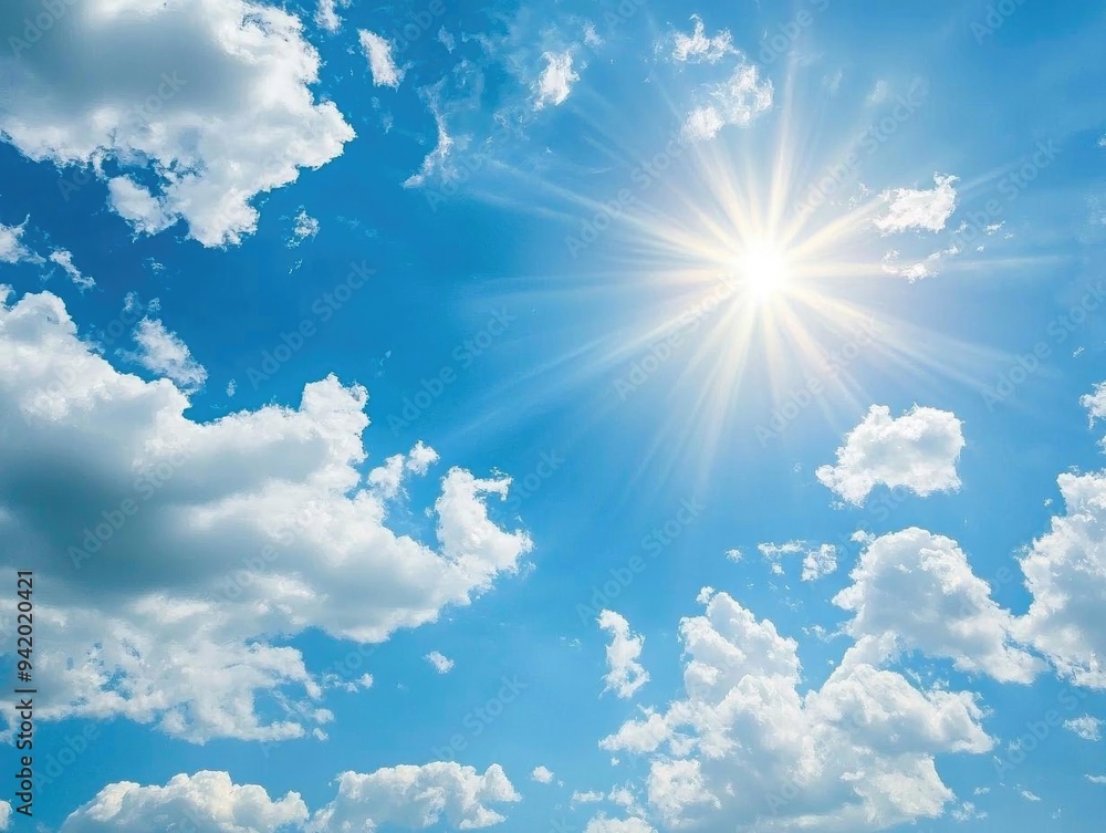 Bright sun shining through fluffy clouds in a clear blue sky, creating a serene and uplifting atmosphere. Bright sun shining through fluffy clouds in a clear blue sky, creating a serene and uplifting atmosphere.