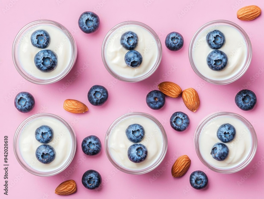 Delicious yogurt cups topped with fresh blueberries and almonds on a pink background, perfect for healthy snacking. Delicious yogurt cups topped with fresh blueberries and almonds on a pink background, perfect for healthy snacking.