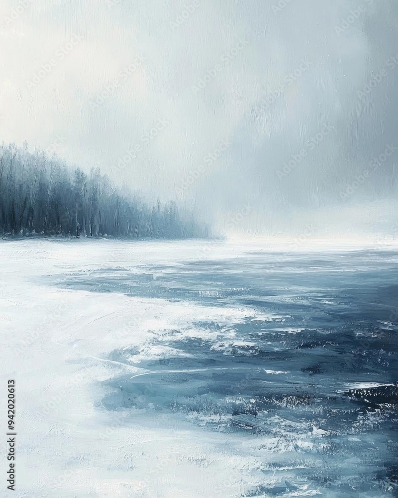 A serene winter landscape featuring a snowy shore and tranquil waters under a soft gray sky, evoking peace and solitude. A serene winter landscape featuring a snowy shore and tranquil waters under a soft gray sky, evoking peace and solitude.