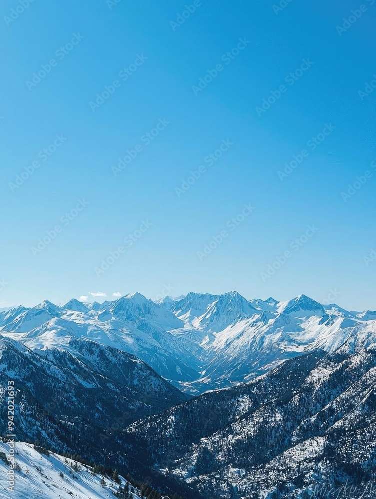 Breathtaking mountain landscape under a clear blue sky, showcasing snow-covered peaks and serene valleys for outdoor adventure. Breathtaking mountain landscape under a clear blue sky, showcasing snow-covered peaks and serene valleys for outdoor adventure.