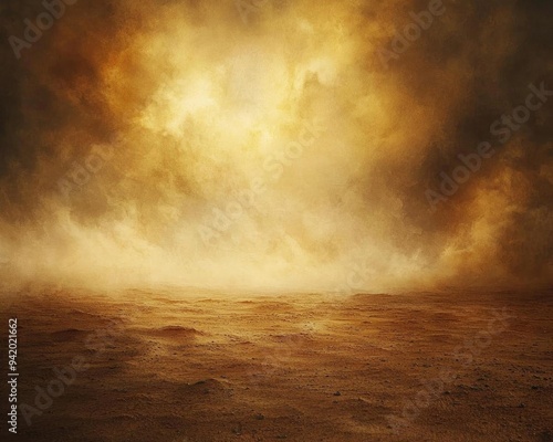 A stunning landscape featuring a golden smoky sky combined with muted earth tones, evoking a sense of mystery and tranquility.