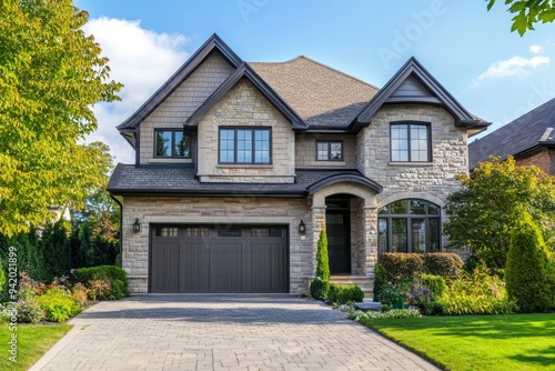 A beautiful modern detached house with a stone facade and a large garage. The home features a manicured lawn, landscaping, and a driveway. The house is perfect for a family and offers plenty of space.