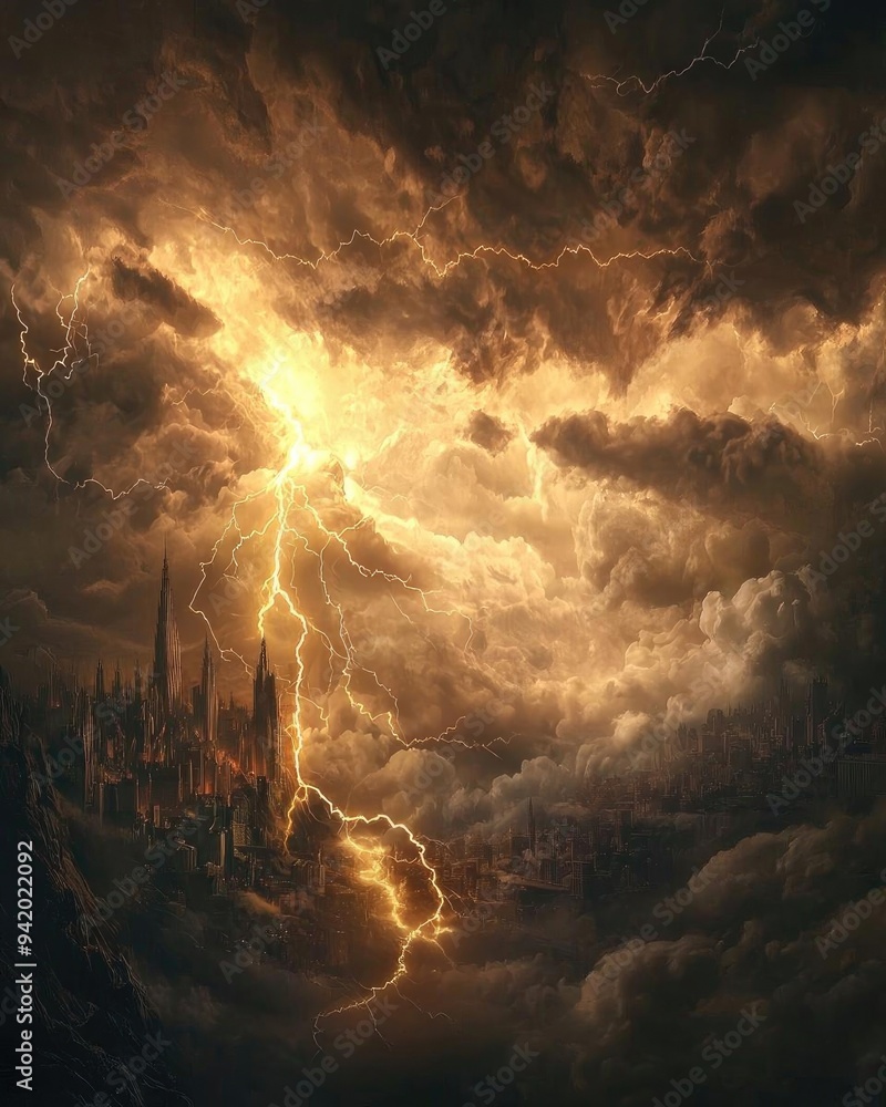 A dramatic storm with lightning illuminating a dark castle, set against ominous clouds and a mystic atmosphere. A dramatic storm with lightning illuminating a dark castle, set against ominous clouds and a mystic atmosphere.