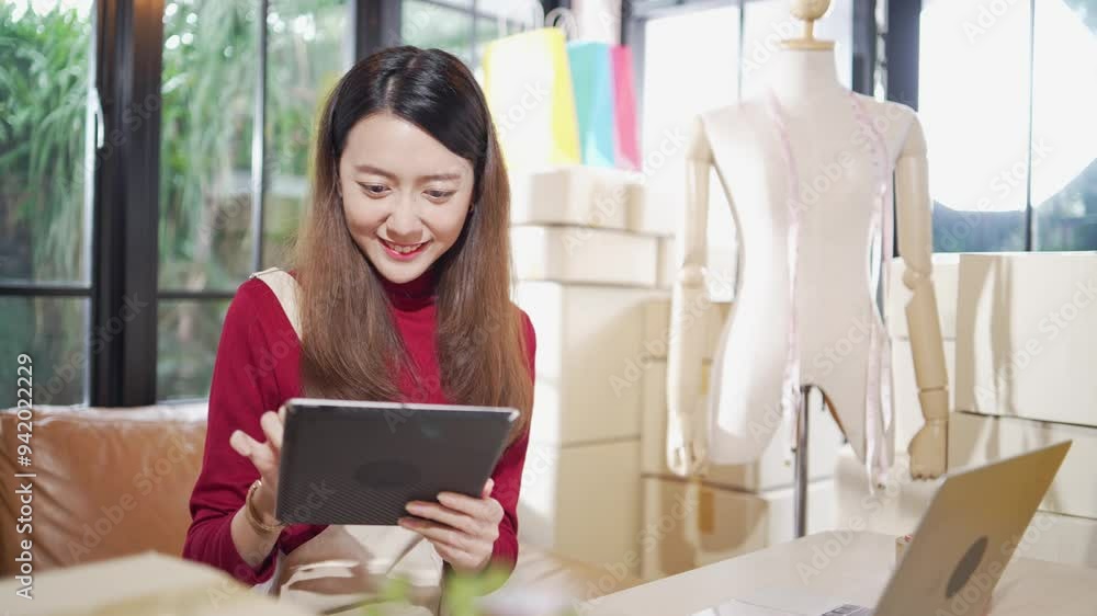 Happy Asian female shop owner checking customer order on digital tablet and managing stock on laptop. SME small business working at home. self-employed or entrepreneurship concept Happy Asian female shop owner checking customer order on digital tablet and managing stock on laptop. SME small business working at home. self-employed or entrepreneurship concept