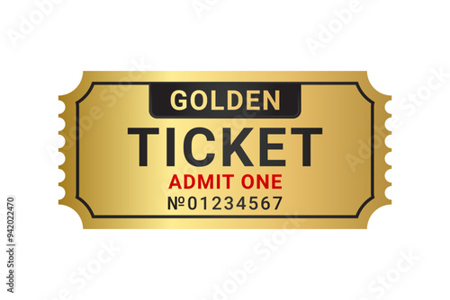 Gold ticket or golden admission pass on white background