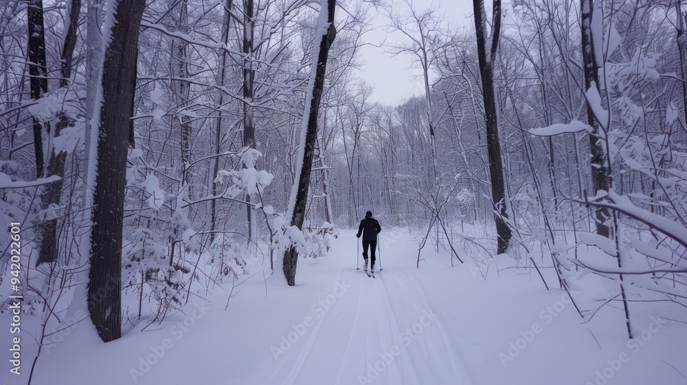 Cross-Country Skiing in a Snowy Forest Cross-Country Skiing in a Snowy Forest