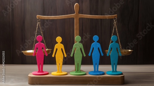 Colorful figures balanced on scales, symbolizing equality and justice in society.

