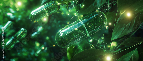 Green Pill Capsule in Nature Background  Abstract Nature Medicine Concept