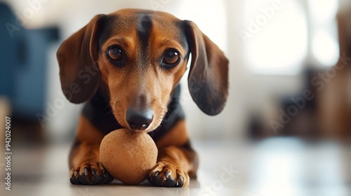 Adorable Dachshund puppy playing and chewing on a colorful chew toy in a cozy indoor environment showcasing the breed s playful and mischievous nature photo