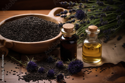 Black Cumin Seeds  Essential Oil  and Flowers on Wooden Table photo