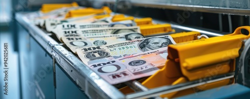 Colorful banknotes in washing machine for laundering money.