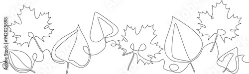 Autumn leaves in continuous line drawing style. Vector element for poster, border, banner, frame, visual seasonal advertising ets. Pattern that repeat horizontally.