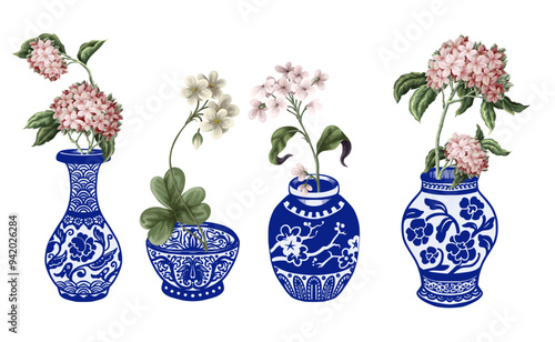 Chinese blue vases and flowers isolated. Vector.B
