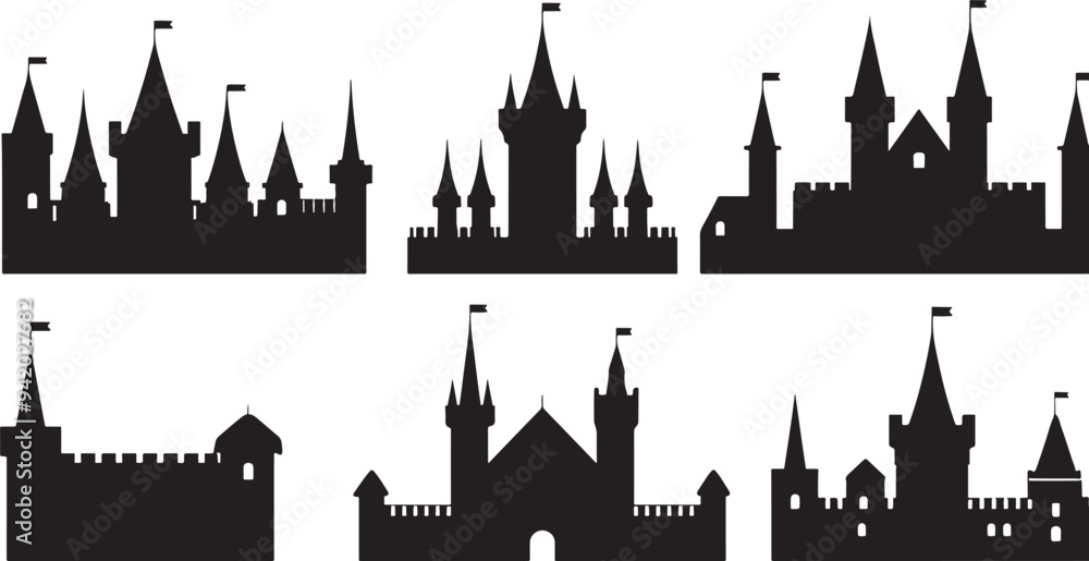 set of castle silhouette isolated on white background set of castle silhouette isolated on white background