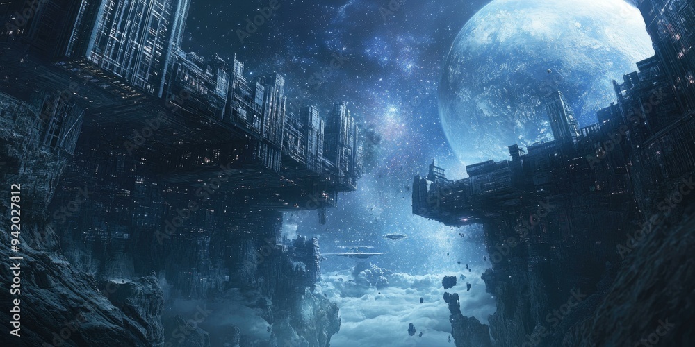 Futuristic cityscape floating in space. Futuristic cityscape floating in space.