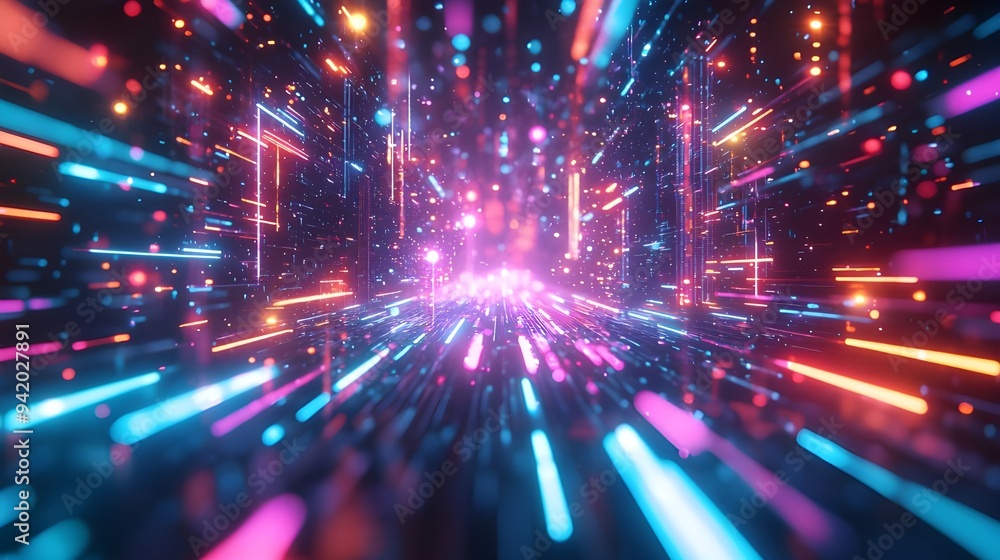 Obraz premium A dynamic background featuring vibrant neon lights and glowing effects, ideal for tech-themed designs, nightlife promotions, and energetic visuals.