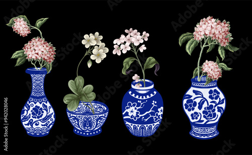 Chinese blue vases and flowers isolated. Vector.