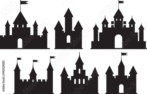 set of castle silhouette isolated on white background
